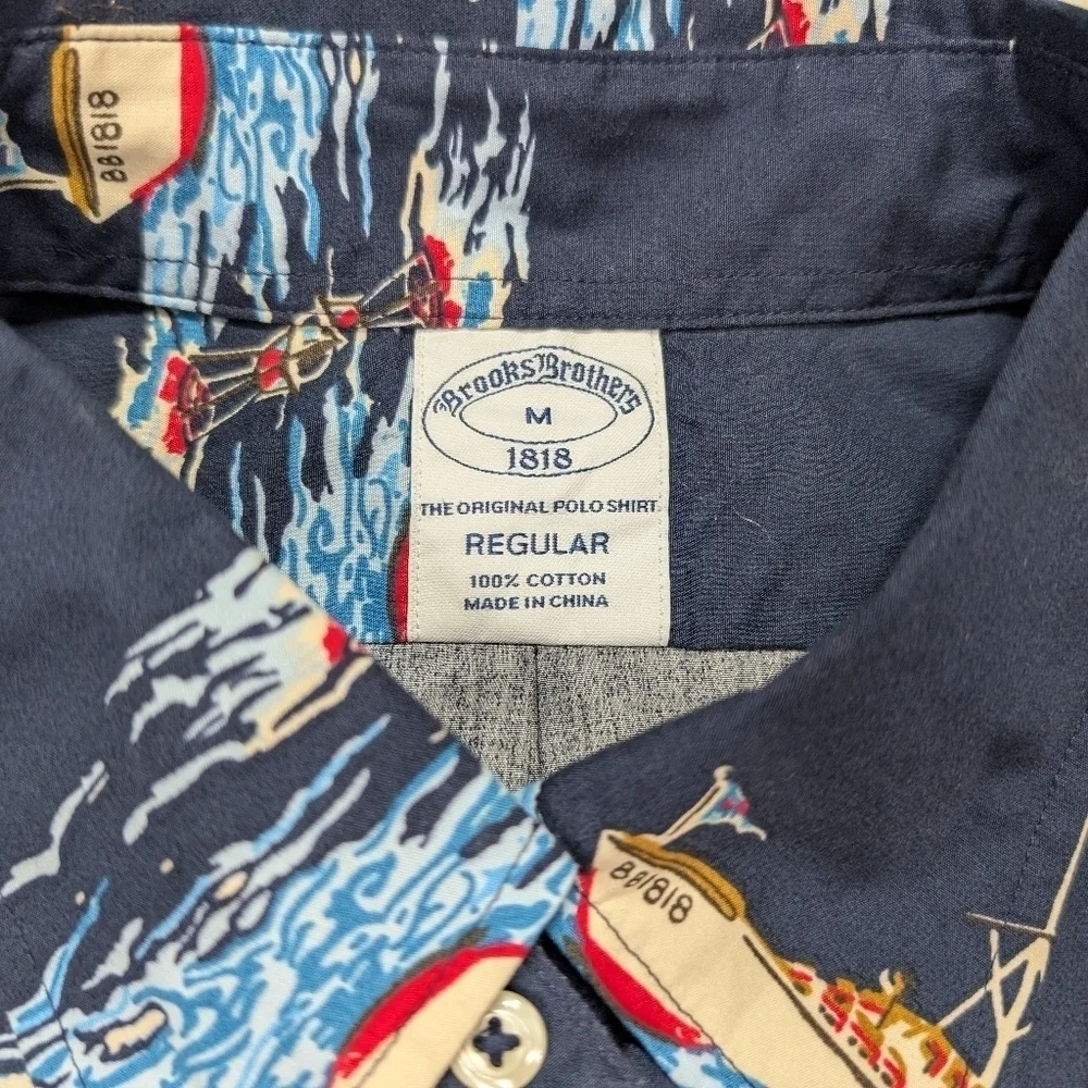 Brooks Brothers Shirt Mens M Blue Navy Sailboat Print Nautical Preppy Button Up